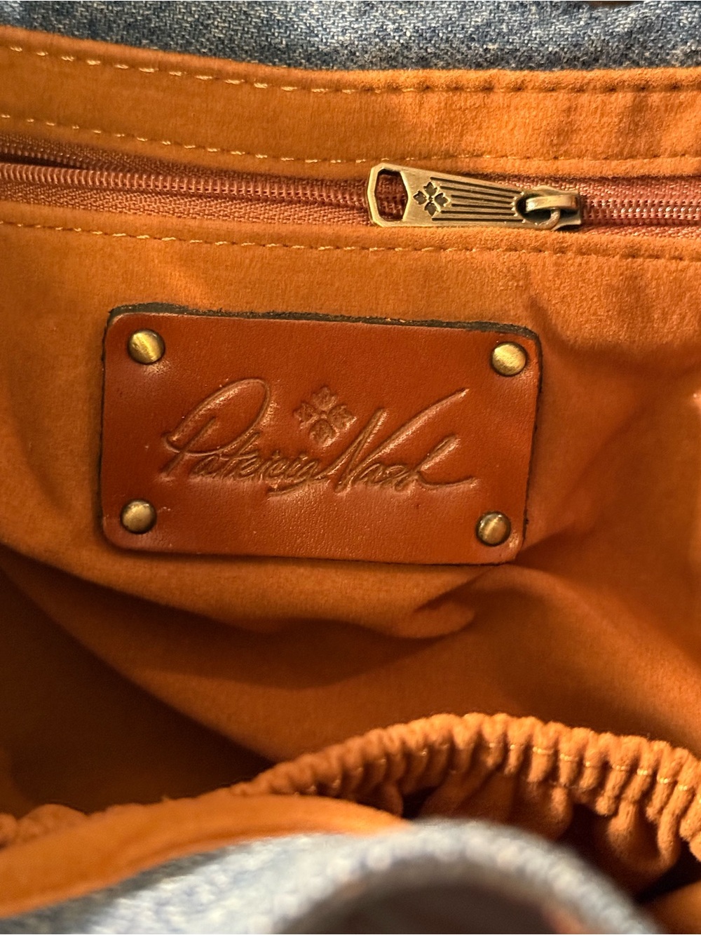 Parrisha Nash Drawstring Denim-QuiltedShoulder Bag with Brown Leather Trim - Picture 3 of 7